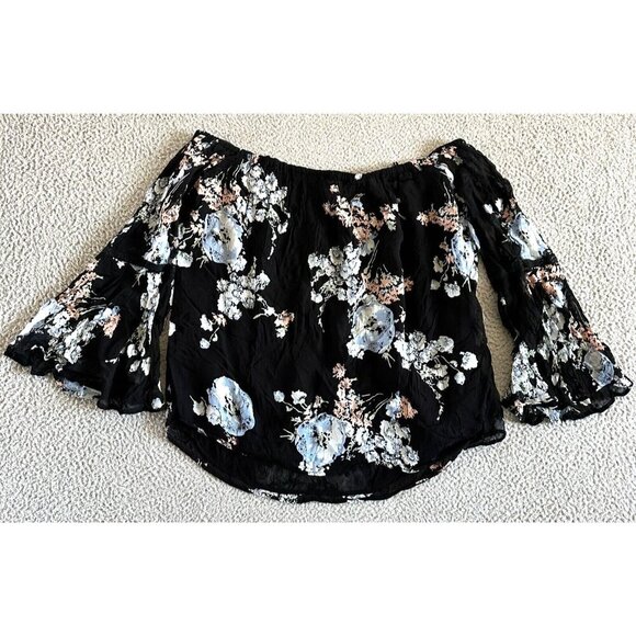 GHOST London Floral Blouse Trumpet Sleeve Flowy Boat Neck Spaghetti - Picture 2 of 16